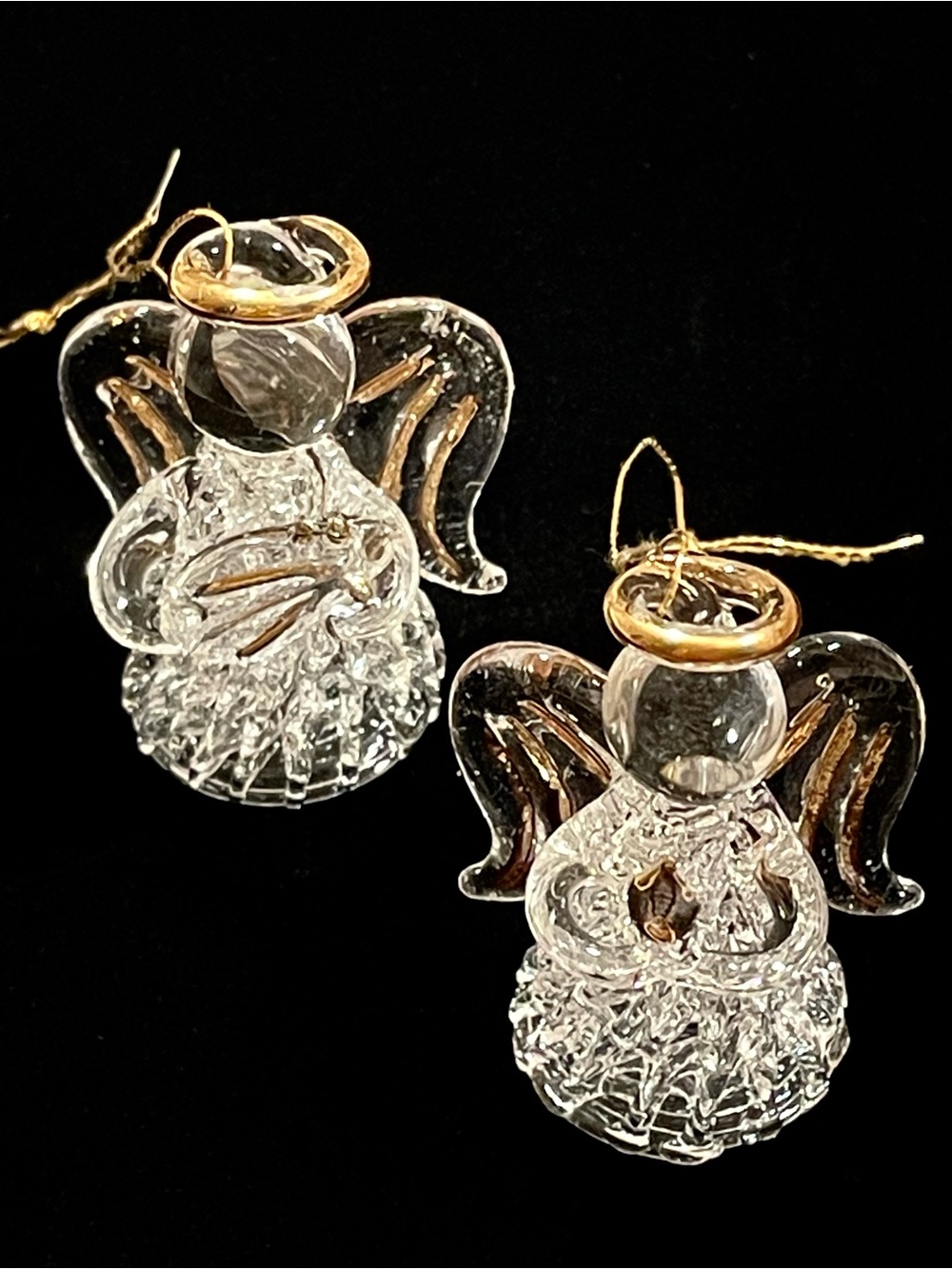 Vintage Miniature Hand Blown Glass Angel Ornament Pair Gold Accents New in Box
